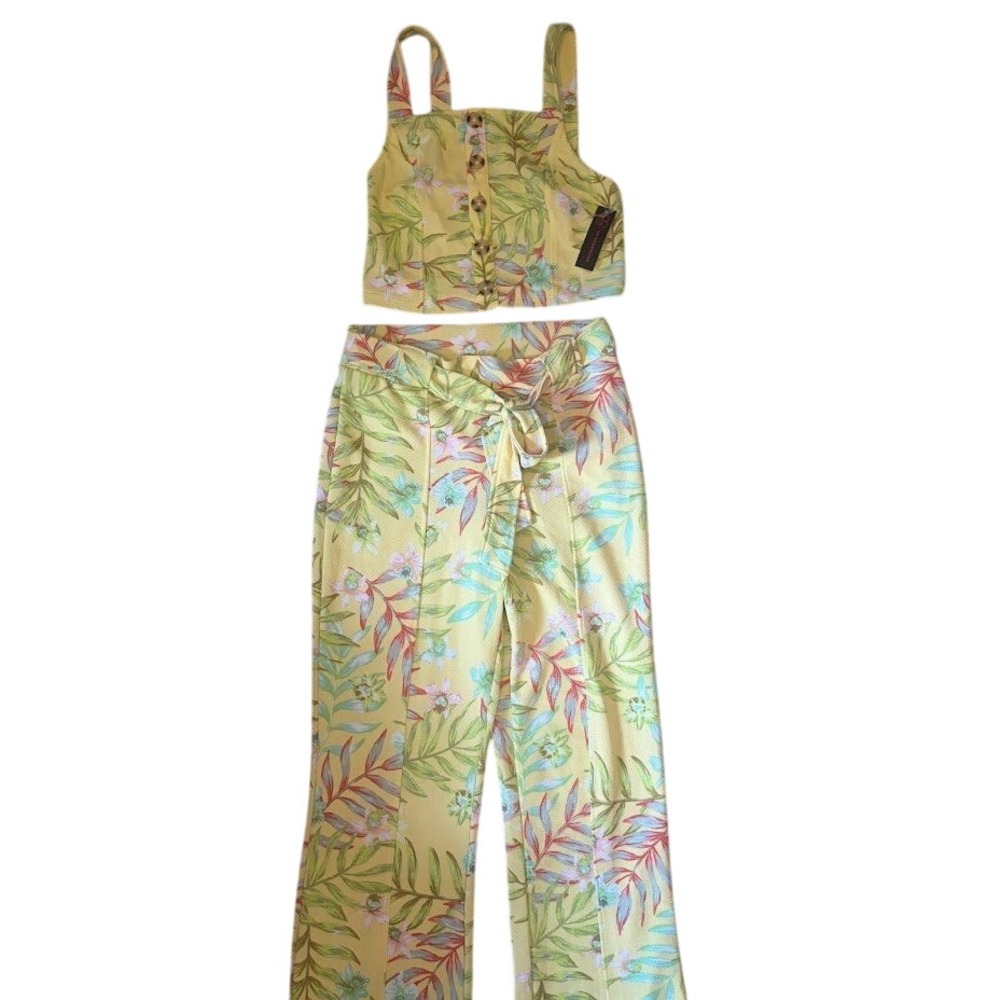 No Boundaries Womens 2 Piece Set YellowTropical Floral Crop TopWideLeg Pants M